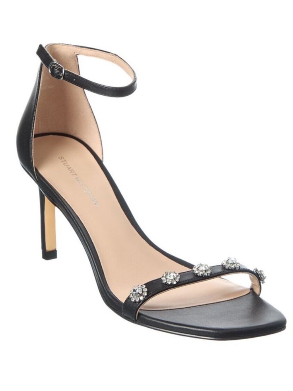 NWOB Stuart Weitzman Justina 75 Crystal Embellished Leather Sandals 5.5 Black